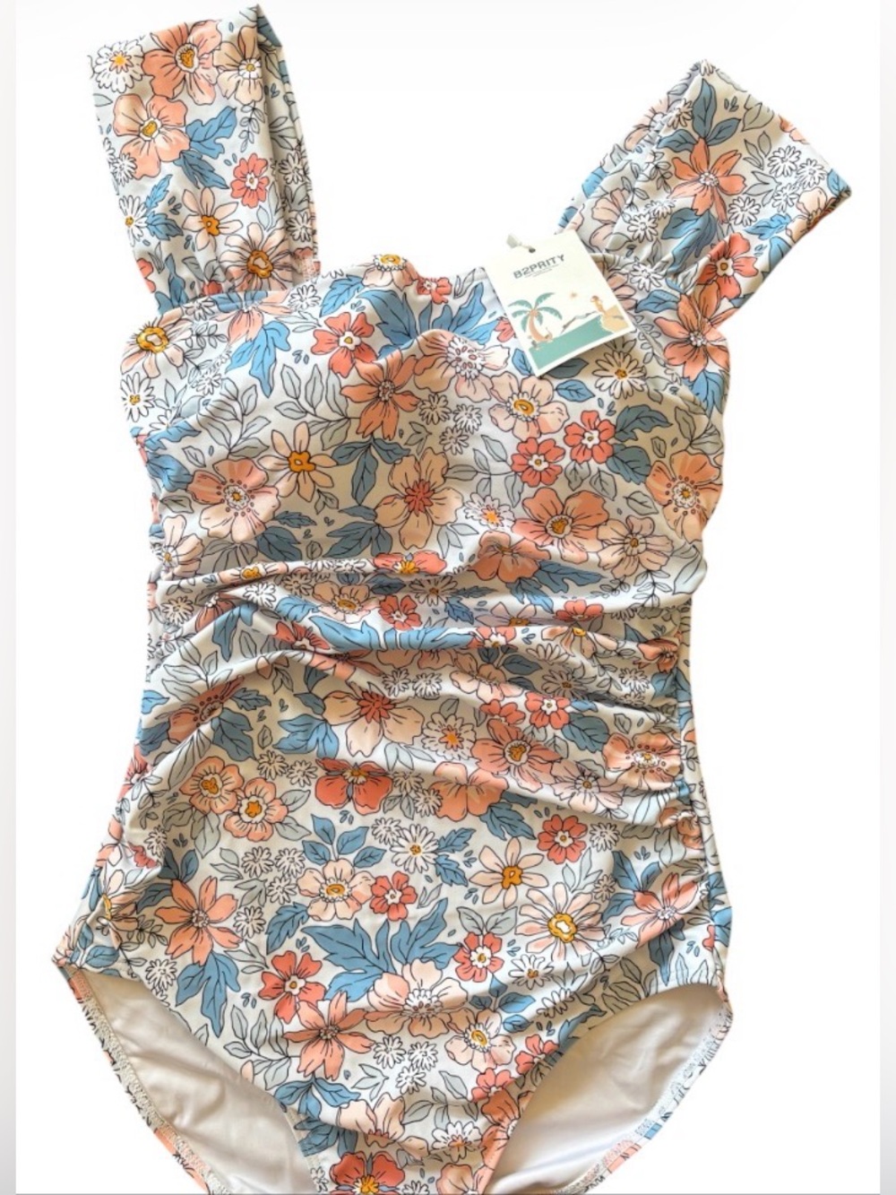 NWT B2Prity Floral One-Piece Swimsuit in Peach & Blue Size Small SKU 21